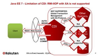 @HirofumiIwasaki #jdt2016_5A 37
NOT SUPPORTED:
Global Transaction
Management
with XA Protocol
Java EE 7 - Limitation of CDI: RMI-IIOP with XA is not supported
CDI
Client REST, Web Socket
Other
System’s
EJB
Database
Other
Enterprise
Information
Systems
IIOP
AUTO
BEGIN
AUTO
COMMIT
Not
supported
Not
supported
 