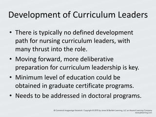 Development of Curriculum Leaders
• There is typically no defined development
path for nursing curriculum leaders, with
many thrust into the role.
• Moving forward, more deliberative
preparation for curriculum leadership is key.
• Minimum level of education could be
obtained in graduate certificate programs.
• Needs to be addressed in doctoral programs.
 