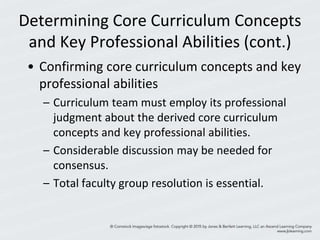 Determining Core Curriculum Concepts
and Key Professional Abilities (cont.)
• Confirming core curriculum concepts and key
professional abilities
– Curriculum team must employ its professional
judgment about the derived core curriculum
concepts and key professional abilities.
– Considerable discussion may be needed for
consensus.
– Total faculty group resolution is essential.
 
