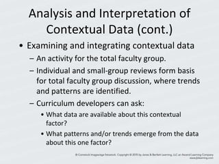 Analysis and Interpretation of
Contextual Data (cont.)
• Examining and integrating contextual data
– An activity for the total faculty group.
– Individual and small-group reviews form basis
for total faculty group discussion, where trends
and patterns are identified.
– Curriculum developers can ask:
• What data are available about this contextual
factor?
• What patterns and/or trends emerge from the data
about this one factor?
 