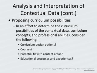 Analysis and Interpretation of
Contextual Data (cont.)
• Proposing curriculum possibilities
– In an effort to determine the curriculum
possibilities of the contextual data, curriculum
concepts, and professional abilities, consider
the following:
• Curriculum design options?
• Courses?
• Potential fit with content areas?
• Educational processes and experiences?
 