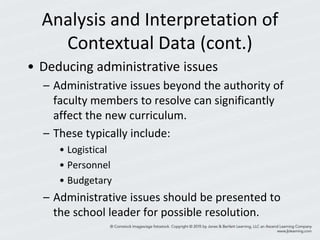 Analysis and Interpretation of
Contextual Data (cont.)
• Deducing administrative issues
– Administrative issues beyond the authority of
faculty members to resolve can significantly
affect the new curriculum.
– These typically include:
• Logistical
• Personnel
• Budgetary
– Administrative issues should be presented to
the school leader for possible resolution.
 