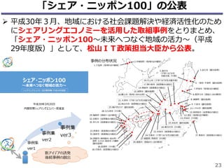 「シェア・ニッポン100」の公表
 平成30年３月、地域における社会課題解決や経済活性化のため
にシェアリングエコノミーを活用した取組事例をとりまとめ、
「シェア・ニッポン100～未来へつなぐ地域の活力～（平成
29年度版）」として、松山ＩＴ政策担当大臣から公表。
23
 