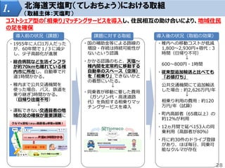 1. 北海道天塩町（てしおちょう）における取組
（取組主体：天塩町）
コストシェア型の「相乗り」マッチングサービスを導入し、住民相互の助け合いにより、地域住民
の足を確保
・1955年に人口1万人だった
が、60年間で１/３に減少
し、少子高齢化が進展
・総合病院など生活インフラ
が約70kmも離れている稚
内市に所在し、自動車で片
道1時間かかる。
・稚内まで公共交通機関を
使った場合、バス、鉄道を
乗り継ぎ3時間かかる。
（日帰り往復不可）
↓
・運転できない交通弱者の地
域の足の確保が重要課題に
・国の補助金等による路線の
増設・存続は持続可能性が
ないという認識
・かかる認識のもと、天塩～
稚内間を定常的に移動する
自動車のスペース（空席）
を「相乗り」できないかと
の着想にいたる。
↓
・同乗者が移動に要した費用
（ガソリン代・高速道路
代）を負担する相乗りマッ
チングサービスを導入
・稚内への移動コストが低減
1,800～2,930円+宿代：3
時間（日帰り不可）
↓
600～800円・1時間
・従来型追加輸送と比べても
「お値打ち」
公共交通機関にて追加輸送
した場合：約2,626万円/年
↓
相乗り利用の費用：約120
万円/年（試算）
・町内高齢者（65歳以上）の
約12％が利用
・12ヵ月間で延べ153人の同
乗利用（高齢者が80％）
・月に約30件のドライブ登録
があり、ほぼ毎日、同乗可
能なクルマが存在
導入前の状況（課題） 課題に対する取組 導入後の状況（取組の効果）
28
 