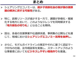 まとめ
 シェアリングエコノミーは、超少子高齢社会の我が国の諸課
題の解決に資する可能性がある。
 特に、政策リソースが減少する一方で、課題が多様化・複雑
化する地方において、このようなジレンマを同時解決する
「地方創生の切り札」となることを期待。
 国は、各省の支援事業や伝道師派遣、事例集の公開などを通
じて、地域におけるシェアリングエコノミー活用を後押し。
 さらに、モデルガイドラインの策定やそれに基づく認証マー
ク付与の仕組、法令相談等を実施し、スタートアップのよう
な事業者においてもビジネスしやすい環境作りを推進。
32
 