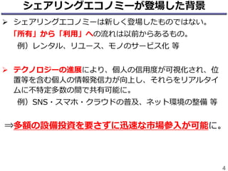 シェアリングエコノミーが登場した背景
 シェアリングエコノミーは新しく登場したものではない。
「所有」から「利用」への流れは以前からあるもの。
例）レンタル、リユース、モノのサービス化 等
 テクノロジーの進展により、個人の信用度が可視化され、位
置等を含む個人の情報発信力が向上し、それらをリアルタイ
ムに不特定多数の間で共有可能に。
例）SNS・スマホ・クラウドの普及、ネット環境の整備 等
⇒多額の設備投資を要さずに迅速な市場参入が可能に。
4
 