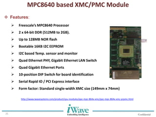 Confidential25
MPC8640 based XMC/PMC Module
 Features:
 Freescale’s MPC8640 Processor
 2 x 64-bit DDR (512MB to 2GB).
 Up to 128MB NOR flash
 Bootable 16KB I2C EEPROM
 I2C based Temp. sensor and monitor
 Quad Ethernet PHY, Gigabit Ethernet LAN Switch
 Quad Gigabit Ethernet Ports
 10-position DIP Switch for board identification
 Serial Rapid IO / PCI Express interface
 Form factor: Standard single-width XMC size (149mm x 74mm)
http://www.iwavesystems.com/product/cpu-modules/ppc-mpc-864x-xmc/ppc-mpc-864x-xmc-prpmc.html
 