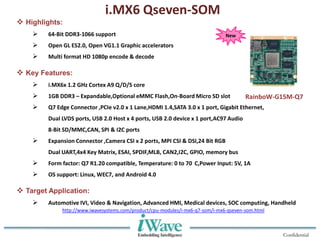Confidential
i.MX6 Qseven-SOM
 Highlights:
 64-Bit DDR3-1066 support
 Open GL ES2.0, Open VG1.1 Graphic accelerators
 Multi format HD 1080p encode & decode
 Key Features:
 i.MX6x 1.2 GHz Cortex A9 Q/D/S core
 1GB DDR3 – Expandable,Optional eMMC Flash,On-Board Micro SD slot
 Q7 Edge Connector ,PCIe v2.0 x 1 Lane,HDMI 1.4,SATA 3.0 x 1 port, Gigabit Ethernet,
Dual LVDS ports, USB 2.0 Host x 4 ports, USB 2.0 device x 1 port,AC97 Audio
8-Bit SD/MMC,CAN, SPI & I2C ports
 Expansion Connector ,Camera CSI x 2 ports, MPI CSI & DSI,24 Bit RGB
Dual UART,4x4 Key Matrix, ESAI, SPDIF,MLB, CAN2,I2C, GPIO, memory bus
 Form factor: Q7 R1.20 compatible, Temperature: 0 to 70 C,Power Input: 5V, 1A
 OS support: Linux, WEC7, and Android 4.0
 Target Application:
 Automotive IVI, Video & Navigation, Advanced HMI, Medical devices, SOC computing, Handheld
RainboW-G15M-Q7
New
http://www.iwavesystems.com/product/cpu-modules/i-mx6-q7-som/i-mx6-qseven-som.html
 