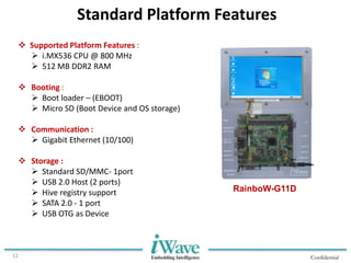 Confidential12
Standard Platform Features
 Supported Platform Features :
 i.MX536 CPU @ 800 MHz
 512 MB DDR2 RAM
 Booting :
 Boot loader – (EBOOT)
 Micro SD (Boot Device and OS storage)
 Communication :
 Gigabit Ethernet (10/100)
 Storage :
 Standard SD/MMC- 1port
 USB 2.0 Host (2 ports)
 Hive registry support
 SATA 2.0 - 1 port
 USB OTG as Device
RainboW-G11D
 