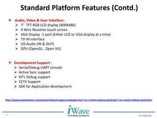 Confidential13
Standard Platform Features (Contd.)
 Audio, Video & User Interface:
 7" TFT RGB LCD display (800X480)
 4 Wire Resistive touch screen
 VGA Display -1 port (Either LCD or VGA display at a time)
 TV-IN interface
 I2S Audio (IN & OUT)
 GPU (OpenGL , Open VG)
 Development Support :
 Serial/Debug UART console
 Active Sync support
 KITL Debug support
 CETK Support
 SDK for Application development
http://www.iwavesystems.com/product/board-support-packages/wec7-on-i-mx53-rainbow-g11d/wec7-on-i-mx53-rainbow-g11d.html
 