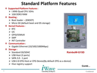 Confidential9
Standard Platform Features
 Supported Platform Features :
 i.MX6 Quad CPU 1GHz
 1GB DDR3 RAM
 Booting :
 Boot loader – (EBOOT)
 Micro SD (default boot and OS storage)
 Kernel Features :
 RTC
 I2C
 GPIO/IOMUX
 SMP
 INT Controller
 Communication :
 Gigabit Ethernet (10/100/1000Mbps)
 Storage :
 Standard SD/SDHC
 USB Host (3 ports)
 SATA 3.0 - 1 port
 USB 2.0 OTG Host or OTG Device(By default OTG as a device)
 Hive registry support
Contd…
RainboW-G15D
 
