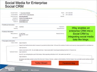 Social Media for Enterprise
Social CRM




                                             iWay enables an
                                          enterprise CRM into a
                                              Social CRM by
                                         integrating social media
                                              data like blogs.




                   Twitter Stream   Facebook blog


                                             Copyright 2007, Information Builders. Slide 26
 