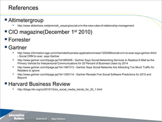 References

 Altimetergroup
      http://www.slideshare.net/jeremiah_owyang/social-crm-the-new-rules-of-relationship-management

 CIO magazine(December 1st 2010)
 Forrester
 Gartner
      http://www.information-age.com/channels/business-applications/news/1200268/social-crm-to-soar-says-gartner.thtml
       - Social CRM to soar, says Gartner
      http://www.gartner.com/it/page.jsp?id=660409 - Gartner Says Social-Networking Services to Replace E-Mail as the
       Primary Vehicle for Interpersonal Communications for 20 Percent of Business Users by 2014
      http://www.gartner.com/it/page.jsp?id=1467313 - Gartner Says Social Networks Are Attracting Too Much Traffic for
       Retailers to Ignore
      http://www.gartner.com/it/page.jsp?id=1293114 - Gartner Reveals Five Social Software Predictions for 2010 and
       Beyond

 Harvard Business Review
      http://blogs.hbr.org/cs/2010/12/six_social_media_trends_for_20_1.html




                                                                                         Copyright 2007, Information Builders. Slide 30
 