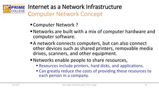 Internet as a Network Infrastructure
Computer Network Concept
▪Computer Network ?
▪Networks are built with a mix of computer hardware and
computer software.
▪A network connects computers, but can also connect
other devices such as shared printers, removable media
drives, scanners, and other equipment.
▪Networks enable people to share resources,
▪ Resources include printers, hard disks, and applications.
▪ Can greatly reduce the costs of providing these resources to
each person in a company.
Hem Sagar Pokhrel(Faculty), Prime College6/7/2017 15
 