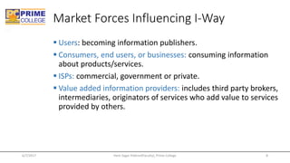 Market Forces Influencing I-Way
▪ Users: becoming information publishers.
▪ Consumers, end users, or businesses: consuming information
about products/services.
▪ ISPs: commercial, government or private.
▪ Value added information providers: includes third party brokers,
intermediaries, originators of services who add value to services
provided by others.
Hem Sagar Pokhrel(Faculty), Prime College6/7/2017 8
 
