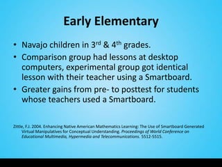 Early Elementary
• Navajo children in 3rd & 4th grades.
• Comparison group had lessons at desktop
  computers, experimental group got identical
  lesson with their teacher using a Smartboard.
• Greater gains from pre- to posttest for students
  whose teachers used a Smartboard.

Zittle, F.J. 2004. Enhancing Native American Mathematics Learning: The Use of Smartboard Generated
     Virtual Manipulatives for Conceptual Understanding. Proceedings of World Conference on
     Educational Multimedia, Hypermedia and Telecommunications. 5512-5515.
 