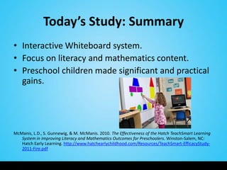 Today’s Study: Summary
• Interactive Whiteboard system.
• Focus on literacy and mathematics content.
• Preschool children made significant and practical
  gains.




McManis, L.D., S. Gunnewig, & M. McManis. 2010. The Effectiveness of the Hatch TeachSmart Learning
   System in Improving Literacy and Mathematics Outcomes for Preschoolers. Winston-Salem, NC:
   Hatch Early Learning. http://www.hatchearlychildhood.com/Resources/TeachSmart-EfficacyStudy-
   2011-Fire.pdf
 