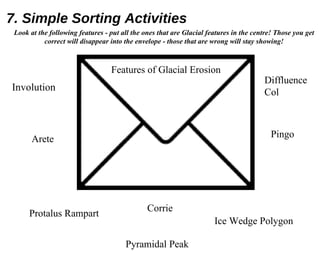 Diffluence Col Pyramidal Peak Arete Corrie Look at the following features - put all the ones that are Glacial features in the centre! Those you get correct will disappear into the envelope - those that are wrong will stay showing! Involution Pingo Protalus Rampart Ice Wedge Polygon 7. Simple Sorting Activities CORRECT - These are all features of Glacial Erosion!  Well done! Features of Glacial Erosion 