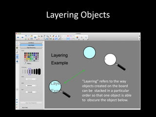 Layering Objects




         "Layering" refers to the way
         objects created on the board
         can be stacked in a particular
         order so that one object is able
         to obscure the object below.
 