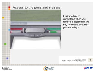 Access to the pens and erasersIt is important to understand when you remove a object from the tray- the board assumes you are using it