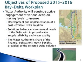  Water Authority will continue active
engagement at various decision-
making levels to ensure:
◦ Development and implementation of a
cost-effective Delta solution
◦ Solutions balance environmental needs
of the Delta with improved water
supply reliability and water quality
◦ The Water Authority’s share of the
financial obligations match benefits
provided by the selected Delta solution
8
 