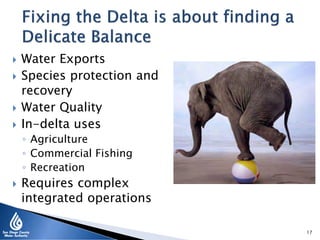 17
 Water Exports
 Species protection and
recovery
 Water Quality
 In-delta uses
◦ Agriculture
◦ Commercial Fishing
◦ Recreation
 Requires complex
integrated operations
 
