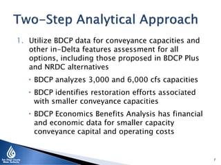 1. Utilize BDCP data for conveyance capacities and
other in-Delta features assessment for all
options, including those proposed in BDCP Plus
and NRDC alternatives
 BDCP analyzes 3,000 and 6,000 cfs capacities
 BDCP identifies restoration efforts associated
with smaller conveyance capacities
 BDCP Economics Benefits Analysis has financial
and economic data for smaller capacity
conveyance capital and operating costs
7
 