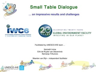 Small Table Dialogue
… on impressive results and challenges
Facilitated by UNESCO-IHE team ...
Kenneth Irvine
Erik de Ruyter van Steveninck
Nemanja Trifunovic
Maarten van Rijn – independent facilitator
 