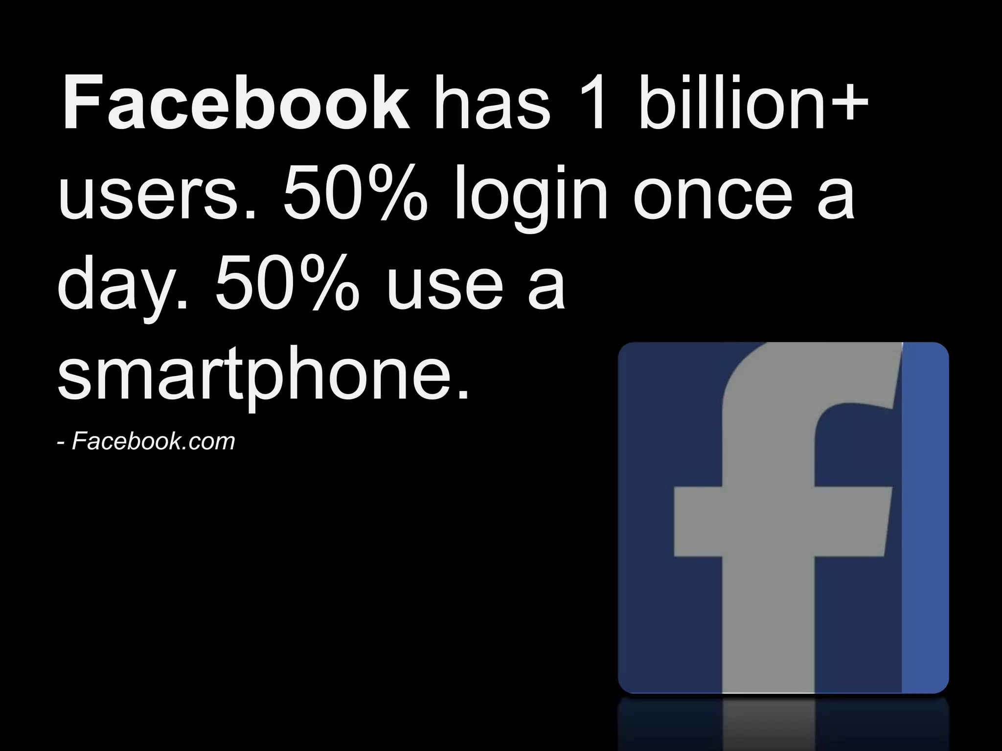 Facebook has 1 billion+
users. 50% login once a
day. 50% use a
smartphone.
- Facebook.com
 