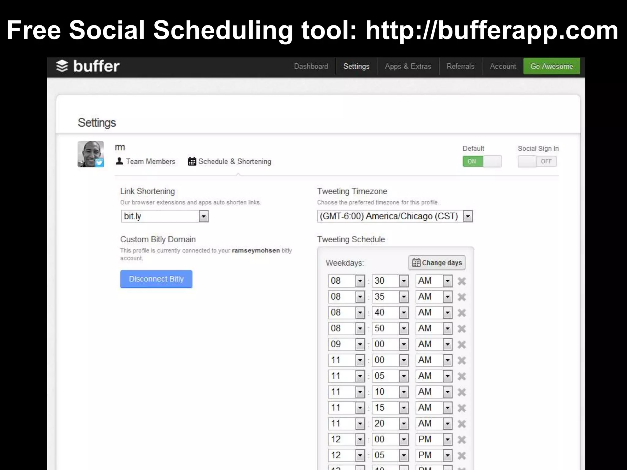 Free Social Scheduling tool: http://bufferapp.com
 