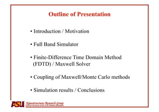 •  Introduction / Motivation

     •  Full Band Simulator

     •  Finite-Difference Time Domain Method
       (FDTD) / Maxwell Solver

     •  Coupling of Maxwell/Monte Carlo methods

     •  Simulation results / Conclusions

Nanostructures Research Group
CENTER FOR SOLID STATE ELECTRONICS RESEARCH
 
