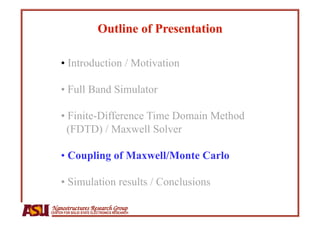 •  Introduction / Motivation

     •  Full Band Simulator

     •  Finite-Difference Time Domain Method
       (FDTD) / Maxwell Solver

     •  Coupling of Maxwell/Monte Carlo

     •  Simulation results / Conclusions

Nanostructures Research Group
CENTER FOR SOLID STATE ELECTRONICS RESEARCH
 