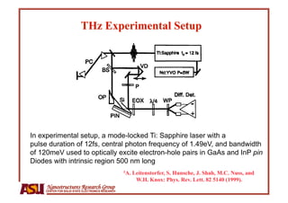 In experimental setup, a mode-locked Ti: Sapphire laser with a
pulse duration of 12fs, central photon frequency of 1.49eV, and bandwidth
of 120meV used to optically excite electron-hole pairs in GaAs and InP pin
Diodes with intrinsic region 500 nm long
                                                   1A.   Leitenstorfer, S. Hunsche, J. Shah, M.C. Nuss, and
                                                          W.H. Knox: Phys. Rev. Lett. 82 5140 (1999).
     Nanostructures Research Group
     CENTER FOR SOLID STATE ELECTRONICS RESEARCH
 