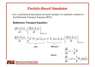Use a semiclassical description of carrier transport via stochastic solution of
the Boltzmann Transport Equation (BTE),

Boltzmann Transport Equation:




                                      drift      diffusion



                                                 where,


   Nanostructures Research Group
   CENTER FOR SOLID STATE ELECTRONICS RESEARCH
 