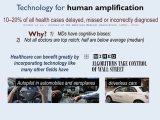 Healthcare can benefit greatly by
incorporating technology like
many other fields have
Autopilot in automobiles and aeroplanes
Technology for human amplification
driverless cars
10–20% of all health cases delayed, missed or incorrectly diagnosed
(Graber et al., Journal of the American Medical Association (JAMA), 2012)
1)  MDs have cognitive biases;
2)  Not all doctors are top notch; half are below average (median)
Why?
 