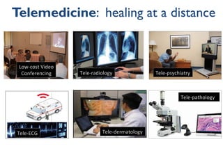 Telemedicine: healing at a distance
Low-cost	Video	
Conferencing	 Tele-radiology	
Tele-dermatology	
Tele-pathology	
Tele-ECG	
Tele-psychiatry	
 