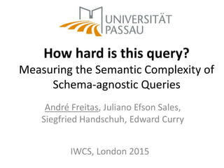 How hard is this query?
Measuring the Semantic Complexity of
Schema-agnostic Queries
André Freitas, Juliano Efson Sales,
Siegfried Handschuh, Edward Curry
IWCS, London 2015
 