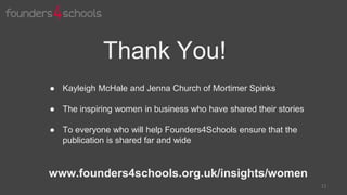 11
Thank You!
● Kayleigh McHale and Jenna Church of Mortimer Spinks
● The inspiring women in business who have shared their stories
● To everyone who will help Founders4Schools ensure that the
publication is shared far and wide
www.founders4schools.org.uk/insights/women
 