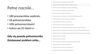 Pełne nocniki…
• 180 pracowników wydziału
• 18 pełnomocników
• 10% pełnomocnikami!
• Sukces po 25 latach e-
Gdy się powoła pełnomocnika
Dziekanowi problem znika…
 