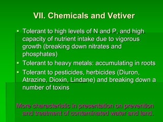 VII. Chemicals and Vetiver
§ Tolerant to high levels of N and P, and high
capacity of nutrient intake due to vigorous
growth (breaking down nitrates and
phosphates)
§ Tolerant to heavy metals: accumulating in roots
§ Tolerant to pesticides, herbicides (Diuron,
Atrazine, Dioxin, Lindane) and breaking down a
number of toxins
More characteristic in presentation on prevention
and treatment of contaminated water and land.
 