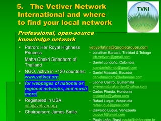 5. The Vetiver Network
International and where
to find your local network
Professional, open-source
knowledge network
§ Patron: Her Royal Highness
Princess
Maha Chakri Sirindhorn of
Thailand
§ NGO, active in +120 countries:
www.vetiver.org
§ for webpages of national or
regional networks, and much
more!
§ Registered in USA
info@vetiver.org
§ Chairperson: James Smile
vetiverlatina@googlegroups.com
• Jonathan Barcant, Trinidad & Tobago
jcb.vetivertt@gmail.com
• Daniel Londoño, Colombia
juandaniellondo@gmail.com
• Daniel Mascaró, Ecuador
danielmascaro@ludanmas.com
• Leonel Castro, Guatemala
viverosnaturalgarden@yahoo.com
• Carlos Pineda, Honduras
apsiercke@yahoo.com
• Rafael Luque, Venezuela
rafaeluque@gmail.com
• Oswaldo Luque, Venezuela
oluque1@gmail.com
TVNI
 