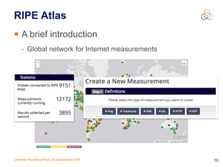 Christian Teuschel | iWeek ZA | September 2016 10
RIPE Atlas
• A brief introduction
- Global network for Internet measurements
 