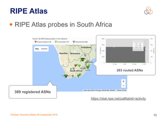 Christian Teuschel | iWeek ZA | September 2016 13
RIPE Atlas
• RIPE Atlas probes in South Africa
https://stat.ripe.net/za#tabId=activity
389 registered ASNs
263 routed ASNs
 