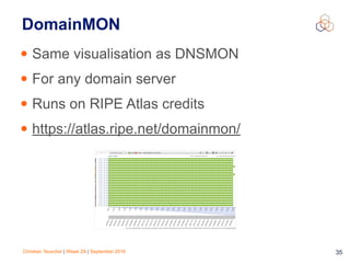 Christian Teuschel | iWeek ZA | September 2016 35
DomainMON
• Same visualisation as DNSMON
• For any domain server
• Runs on RIPE Atlas credits
• https://atlas.ripe.net/domainmon/
 