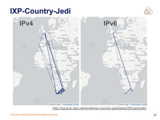 Christian Teuschel | iWeek ZA | September 2016 37
IXP-Country-Jedi
IPv6IPv4
http://sg-pub.ripe.net/emile/ixp-country-jedi/latest/ZA/geopath/
 
