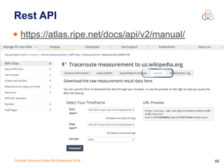 Christian Teuschel | iWeek ZA | September 2016 46
Rest API
• https://atlas.ripe.net/docs/api/v2/manual/
 