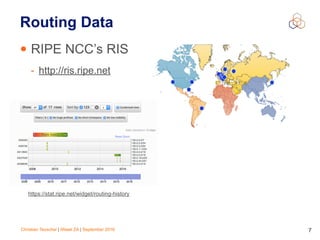 Christian Teuschel | iWeek ZA | September 2016 7
Routing Data
• RIPE NCC’s RIS
- http://ris.ripe.net
https://stat.ripe.net/widget/routing-history
 