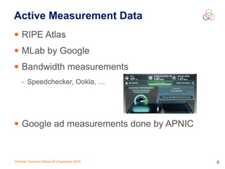 Christian Teuschel | iWeek ZA | September 2016 8
Active Measurement Data
• RIPE Atlas
• MLab by Google
• Bandwidth measurements
- Speedchecker, Ookla, …
• Google ad measurements done by APNIC
 