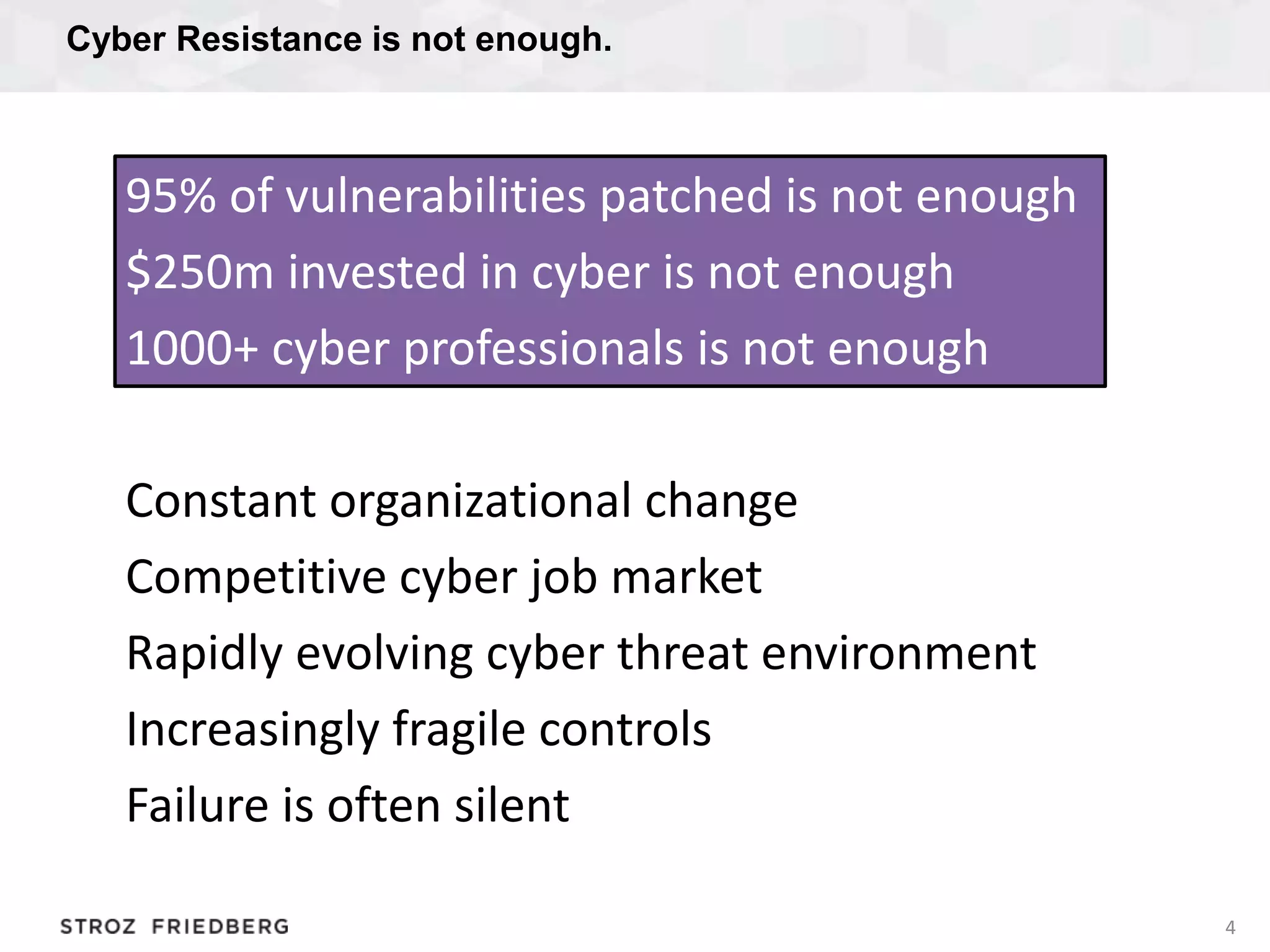 Cyber Resistance is not enough.
4
95% of vulnerabilities patched is not enough
$250m invested in cyber is not enough
1000+ cyber professionals is not enough
Constant organizational change
Competitive cyber job market
Rapidly evolving cyber threat environment
Increasingly fragile controls
Failure is often silent
 