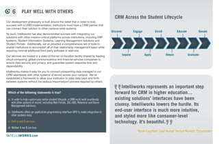 + !#$#!%'()%!$*! 
!#$#%$#%%'()*#$%+,%*#'#,-./%.+%0#1#$2-'2%%/+,.3$#4/44/#$1-5#%6778% 
90.,+$):%-'50(;-'2%5+'.-'(+(/%#''5#)#'./:%'+%,##/%,+$%(92$;#/:%$9-;% 
-''+1.-+'%';%('9$00#0#;%/#5($-.=%%+3#1#$:%3#%?'+3%..% 
/+,.3$#4/44/#$1-5#%-/%'+.%/+,.3$#%..%-/%/#0,4/#$1-5#=%%@/%/(5:%3#%1#% 
;#1-/#;%%A0-#'.%7(55#//%)#.+;+0+2%;#/-2'#;%.+%#09%+(%';%+($%.#)%3-.% 
-)90#)#'..-+'%+,%+($%ABC%/+0(.-+'/=%% 
D($%.#)%+,%#E9#$./%3-00%#09%2(-;#%+(%';%+($%+$2'-F.-+'%.$+(2%#1#$% 
9/#%+,%+($%-)90#)#'..-+':%-'50(;-'2G 
jÒÒ0ROCESSÒEVALUATION 
jÒÒ)MPLEMENTATIONÒSERVICESÒANDÒTRAINING 
jÒÒ/NGOINGÒSUPPORT 
jÒÒ4ECHNICALÒANDÒSTRATEGICÒPROFESSIONALÒSERVICES 
jÒÒ!NALYSISÒANDÒOPTIMIZATION 
B#2$;0#//%+,%+($%-'-.-0%-'1#/.)#'.%+$%.#%/-F#%+,%+($%-'/.-.(.-+':%3#%1#% 
5$#.#;%-)90#)#'..-+'%95?2#/%.+%#09%+(%5-#1#%/(55#//%';%)##.%+($% 
ABC%+*H#5.-1#/=%% 
@;;-.-+'00:%3#%+,,#$%%0+345+/.%5+'/(0.-'2%/#$1-5#/%..%3-00%#09%+(%;-2'+/#%';% 
//#//%+($%5($$#'.%5+))('-5.-+'/%.5.-5/:%5$#.#%%90'%+,%5.-+'%,+$%5-#1-'2% 
SUCCESSÒWITHÒANÒ)NTELLIWORKSÒIMPLEMENTATIONÒANDÒOPTIMIZEÒTHEÒRESULTSÒOFÒYOURÒ 
5($$#'.%ABC%-)90#)#'..-+'= 
!#$#! 
!#$$%%'()*$+,%--('.)/#%012% 
+#34(/(56%78+3%4(%..8+8(4/%9:%('% 
3'.7'#%84;#$+#4+= 
,-!,( 
94+#5'+#%'#/+8(4$38%45##4+% 
#--('+$%78+3%(+3#'%*$%+#34(/(56% 
-('%%3(/8$+8%;8#7%(-%6(*'%$+*.#4+% 
#?#'8#4#= 
.!,./'( 
245#%//%$#+$%(-%6(*'%$+*.#4+% 
/8-#6/#%@%-'(%848+8/%84A*8'6%+3'(*53% 
#4'(//#4+%4.%)#6(4.= 
K 
%%%%%(01%'2314456789:%:74;3572%44761=%;:%37% 
5?87@1%301%1AA5B512BC%7A%7;8%=5::572:% 
=1?83123%DC%;37352E%3:9:%:;B0%:% 
7;3D7;2=%891352EF%1@123%81E5:383572%2=% 
B723B3%2E1123G%%H4;:F%301%?87=;B3I:% 
D;543J52%24C35B:%44761=%7;8%128744123%31% 
37%1:54C%38B9%?87E81::%2=%:076%81:;43:G K 
B84#%16(4.,%B8'#+('%(-%!.8$$8(4$,%C#7%D45/4.%0(//#5# 
L7;8%,.M%@12=78%:07;4=%?87@5=1N 
E%%F'(#$$%#;/*+8(4 
)E%%9/##4++8(4%$#';8#$%4.%+'84845 
E%%G45(845%$*('+ 
.E%%:#348/%4.%$+'+#58%'(-#$$8(4/%$#';8#$ 
#E%%!//%(-%+3#%)(;#,%/*$%4/6$8$%4.%(+88H+8(4I 
GB7 
 